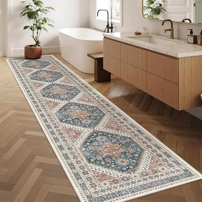 Madane Washable Runner Rugs 2x12 Long for Hallway Kitchen Soft, Navy Blue | Non-Slip Vintage Printed 12ft Rug Runners with Rubber Backing, Thin Low-Pile Floor Carpet Laundry Room Entryway, Corridor