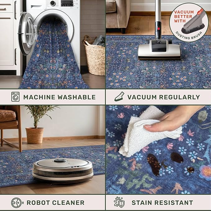 Hazo Haus Non Slip 2x10 Dark Blue Hallway Runner - 10ft Long Runner Rugs, Washable Kitchen Floor Mat - Vintage Navy Floral Design Décor