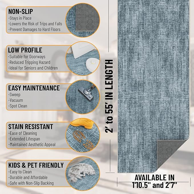 Ottomanson Aisle Runner Rug 1'10.5" x 28' – Soft Non-Slip Rug, Low Pile Carpet for Hallways, Events, Churches & Extra-Long Indoor Spaces, Solid Greyish Blue