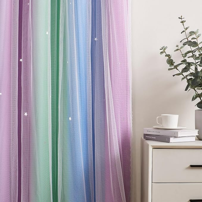 XiDi Curtains for Bedroom Decor, Rainbow Green PurpleBlue52/45/1