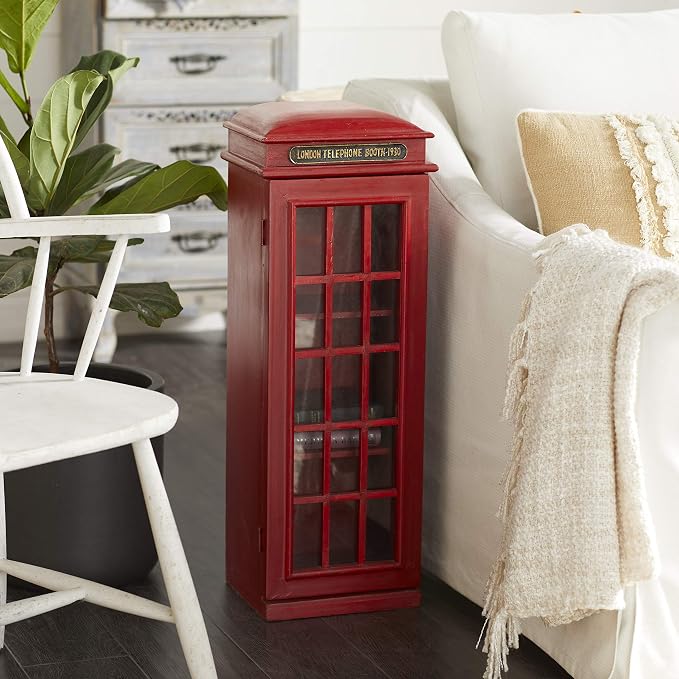 Deco 79 Wooden Vintage Telephone Booth Accent Cabinet, 11" x 9" x 30", Red | London telephone booth, storage cabinet, 3 shelves, red bookshelf