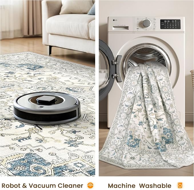 Area Rugs for Living Room - 4x6, Boho Non-Slip Low Pile Carpet Washable Rugs for Bedroom,Office, Dining Room (BeigeBlue)