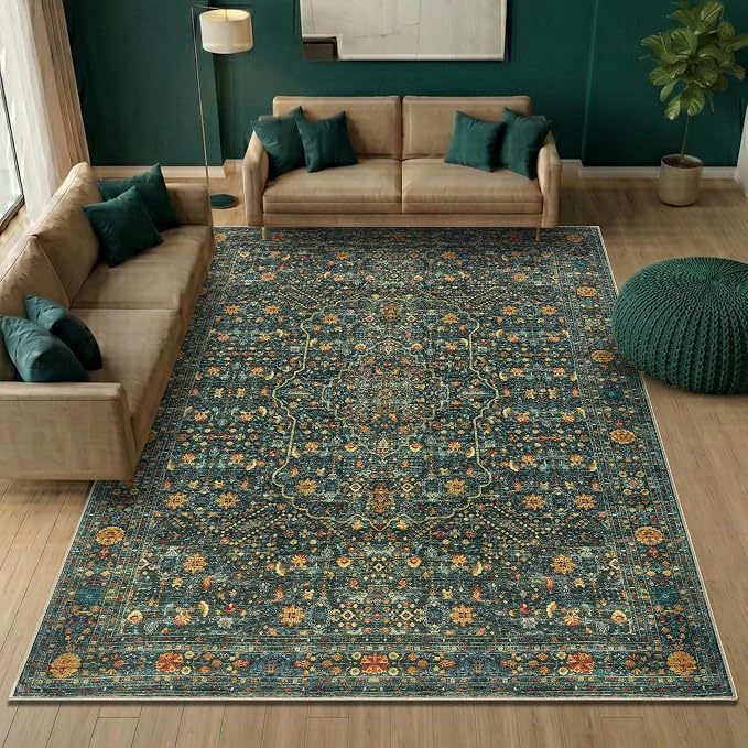 Keen Home Design 9x12 Rug - Machine Washable Area Rug with Non-Slip Backing, Ideal for Living Room, Dining Room, Bedroom - Vintage, Easy Clean, Durable, Low Pile Rug - (9' x 12')