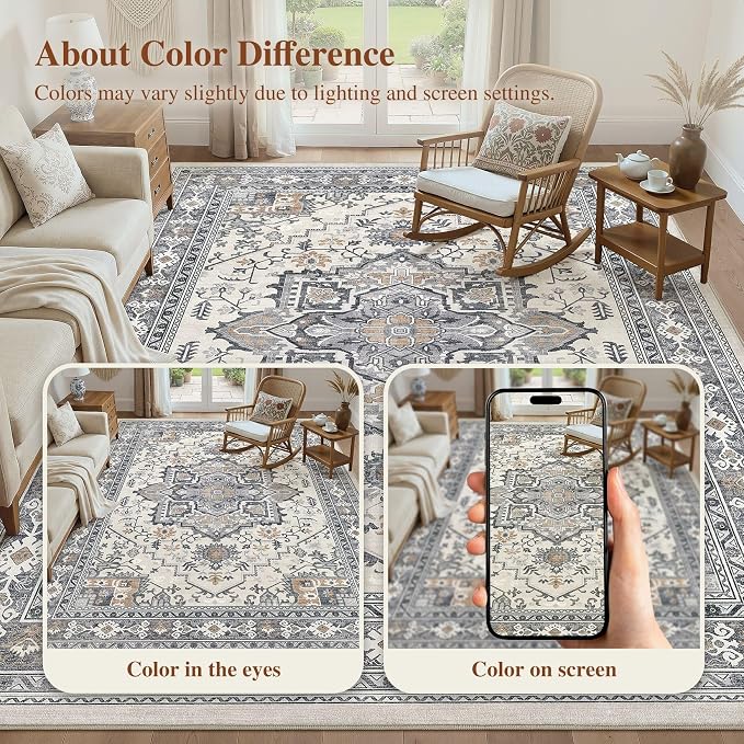 UERMEI 5x7 Area Rug Living Room Rugs - Washable Vintage Soft Large Rug Indoor Floor No Slip Rug Carpet for Bedroom Farmhouse Under Dining Table Home Office Decor - Grey-Orange