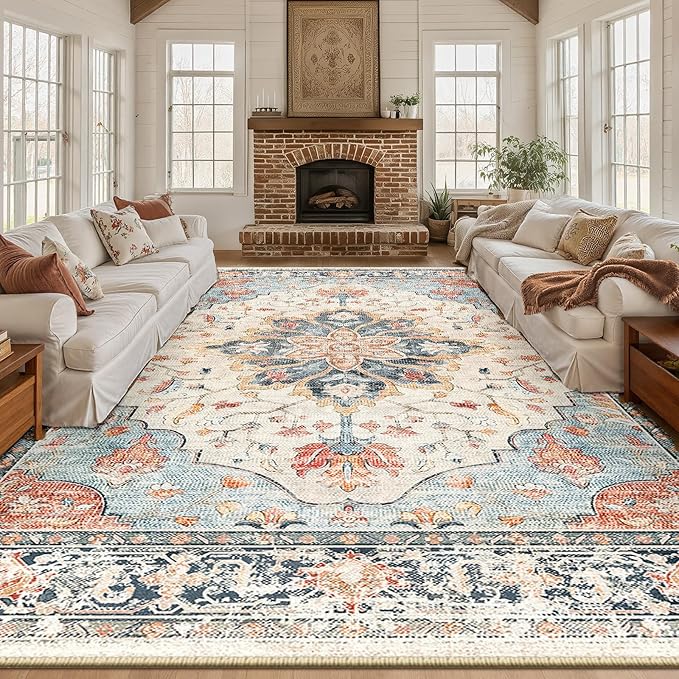 RELEANY Area Rugs Large 10'x12' Washable Non-Slip, Floral Vintage Distress Medallion Carpet for Living Room Bedroom Dining Room, Beige Navy Blue Orange Colorful