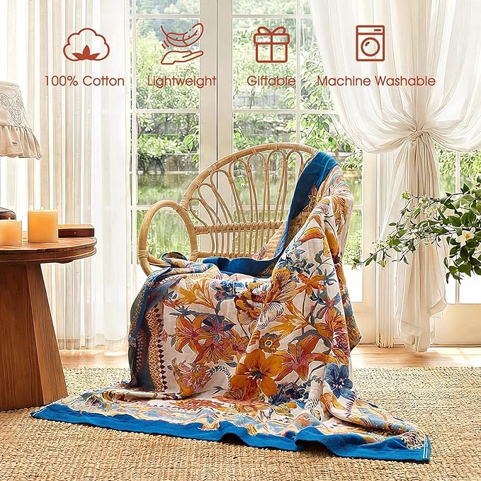 Boho Throw Blanket - 90"x90" 100% Cotton Ultra Soft Lightweight Blanket, 4-Layer Breathable Muslin Blankets for Bed Couch, Reversible Yellow Floral Printed Bohemian Cotton Quilt