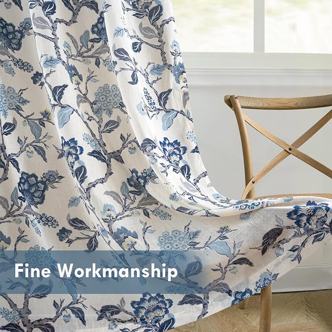 DriftAway Ada Floral Botanical Print Flower Leaf Lined Thermal Insulated Room Darkening Linen Blend 100% Blackout Back Tab Window Curtains 2 Layers Set of 2 Panels Each 52 Inch by 84 Inch Navy