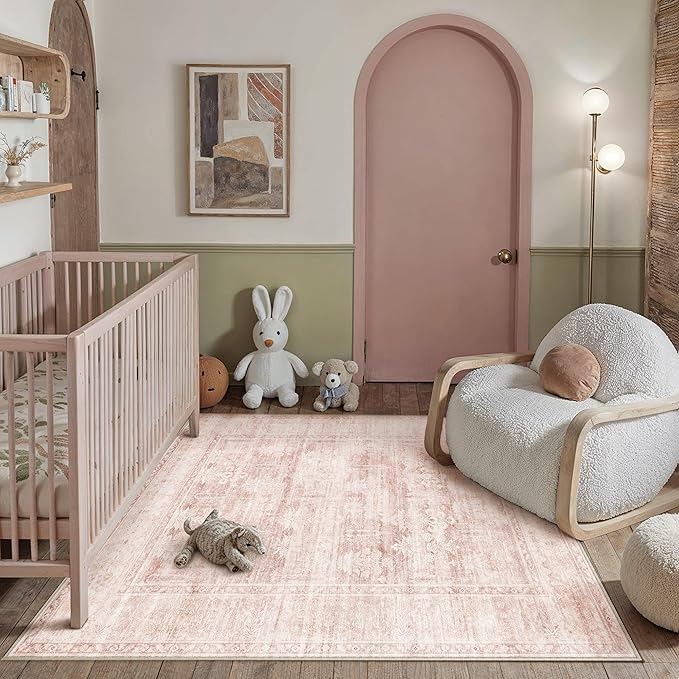 HUGEAR Retro 5x7 Washable Area Rugs Pink Nursery Living Room Bedroom Rug Vintage Distressed Throw Carpet Neutral Stain Resistant Non Slip Low Pile Playroom Kidsroom Home Aesthetic Decor