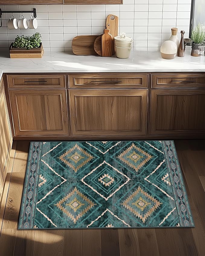 BESTSWEETIE Area Rug 2x3 Rug Machine Washable Non-Slip Low Pile Print Pattern Western Rug for Living Room Bedroom Entryway Tribal Series -Teal/Green