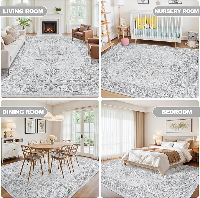 8x10 Area Rugs for Living Room:Washable Vintage Medallion Rug Non-Slip Soft Low Pile Gray Large Rugs Indoor Retro Carpet for Bedroom Kitchen Nursery Dining Table Office (Gray, 8'x10')