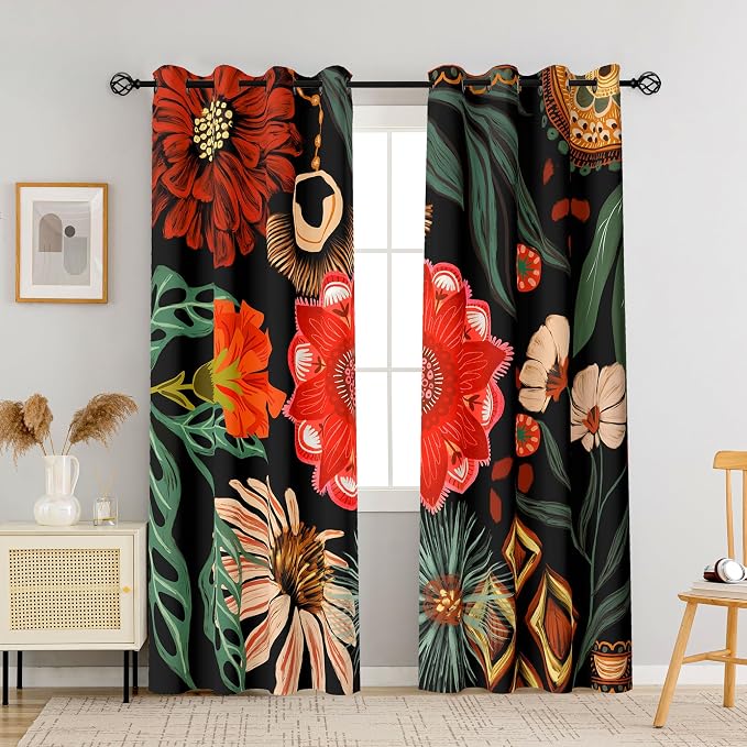 Tyrot Black Boho Floral 100% Blackout Curtains for Living Room 63 inch Long 2 Panels Mid Century Botanical Black Out Curtains for Bedroom Grommet Thermal Insulated Room Darkening Window Drapes,52Wx63L