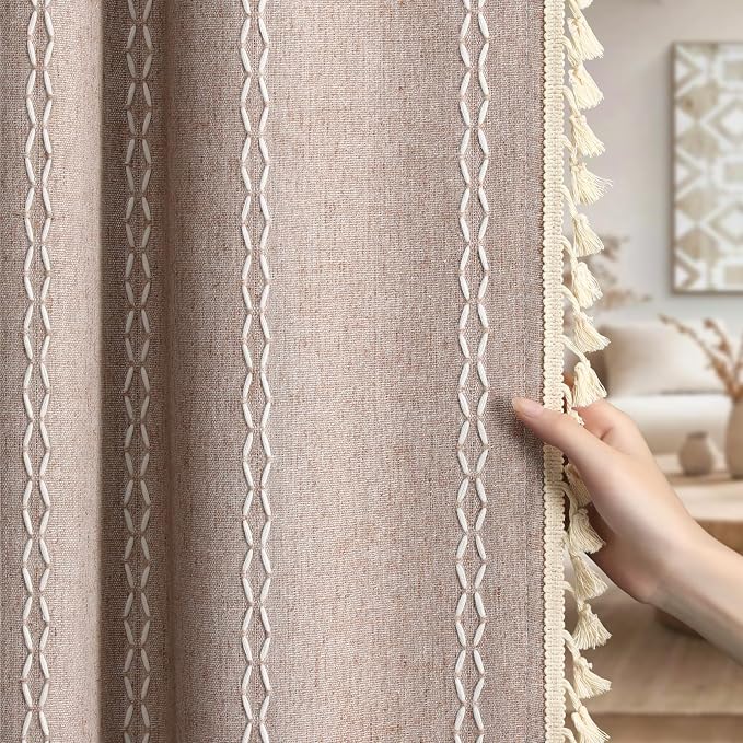 Taupe Boho Blackout Curtains 2 Panels 84 Inch for Living Room Bedroom, Blush Beige Warm Linen Texture Farmhouse Curtains with Tassels and White Cotton Embroidery Vintage Rustic Country Western