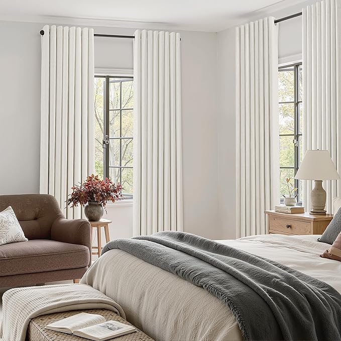 Jowels Beige White Linen Blackout Curtains 96 Length 2 Panels Set for Living Room Bedroom, 100% Black Out Thermal Insulated Linen Drapes, Room Darkening Grommet Curtains 96 Inches Long