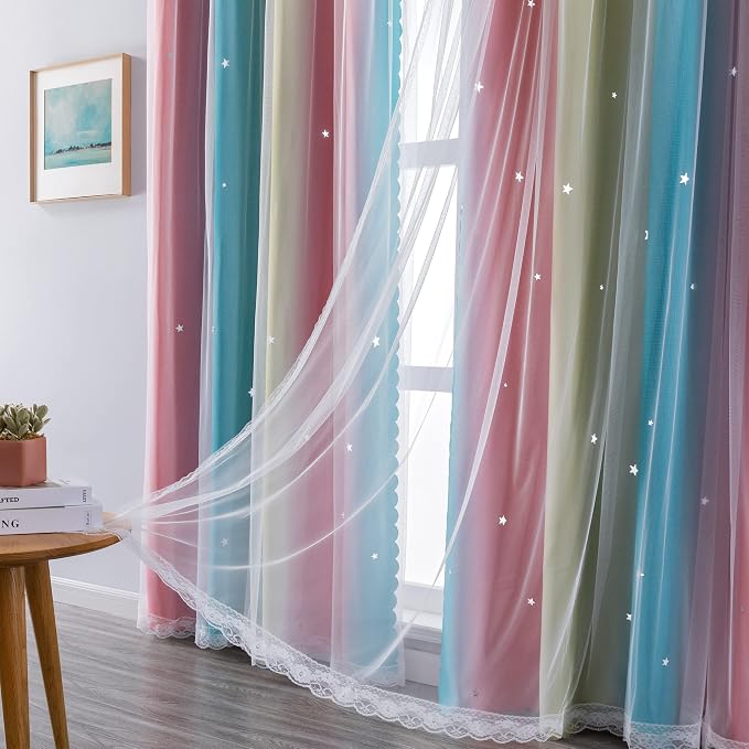 XiDi Curtains for Bedroom Decor, Rainbow Pink-Blue-34-45