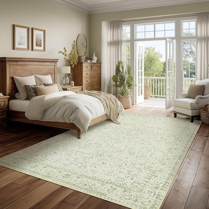 Light Green Nursery Rug Boy Girl 6x9 Area Rugs Washable Non Slip Low Pile Soft Boho Neutral Floral Print Throw Carpet for Living Room Dining Room Sage Green Dining Room Rugs for Under Table 6 x 9