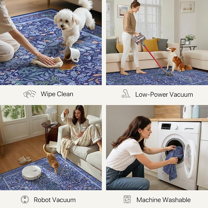 GENIMO 8x10 Washable Area Rugs for Living Room, Non Slip, Blue | Vintage Boho Floral Low Pile Thin Carpet for Bedroom, Dining Room, Nursery, Indoor Decor