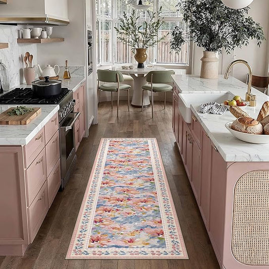 2x6 Washable Runner Rug Pink Blue Floral Abstract Hallway Kitchen Throw Rug Modern Non Slip Soft Low Pile Carpet for Bathroom Laundry Bedroom Living Room