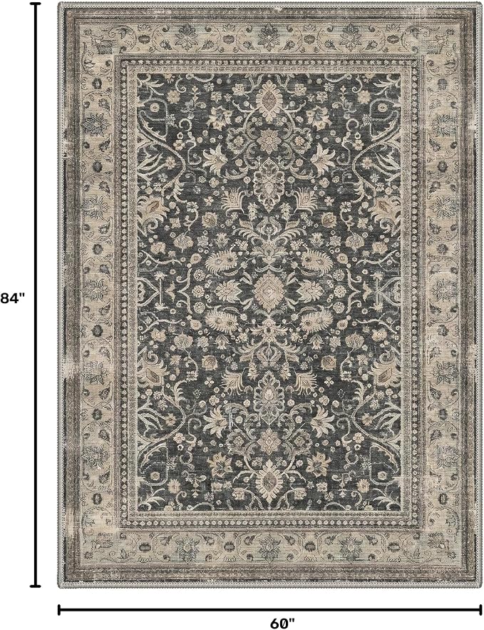 Bavni Area Rugs for Living Room, 5x7 Area Rugs Non-Slip Washable，Ultra-Thin Oriental Floral Rug for Bedroom Dinning Room Office, Dusty Charcoal
