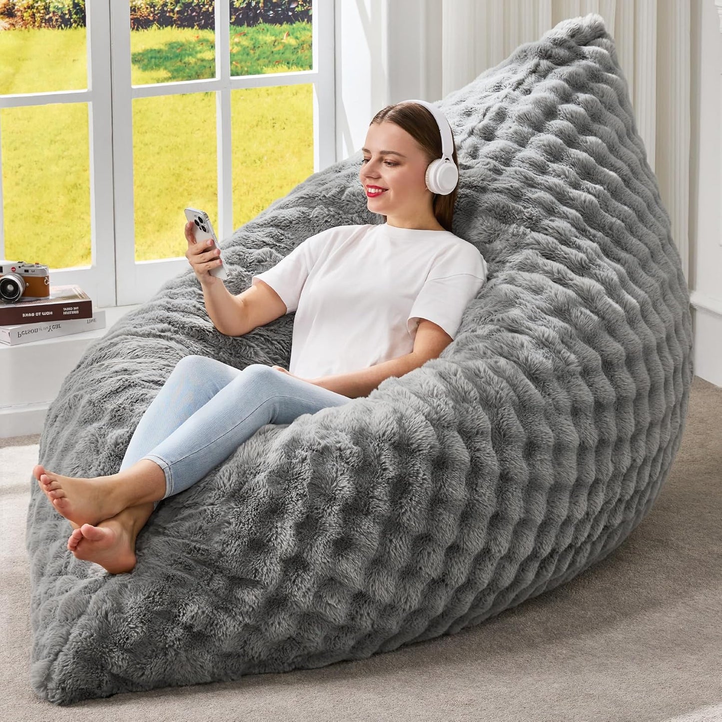Hobestluk 3 in 1 Bean Bag Chair Giant Bean Bag Chairs for Adults with Bubble Cover Convertible Bean Bag Floor Cushion with Machine Washable Cover for Living Room (Bubble Grey)
