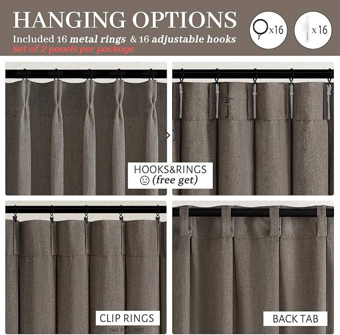 Memory Trained Pinch Pleated Flax Linen 102 Inch Extra Long Curtains for Kids Room, Chocolate Tart Semi Sheer Privacy Nursery Drapes 2 Panels Set Light Filtering Office Decorative Curtain Window Decor