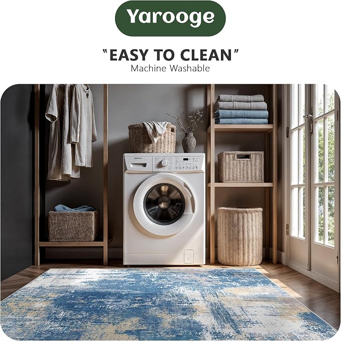 8x10 Rugs for Living Room - Modern Abstract Washable Rug, Ultra Soft Non Slip Low Pile Large Rugs, Floor Carpet for Bedroom Dining Room Office Laundry Nursery Home(Blue & Beige)
