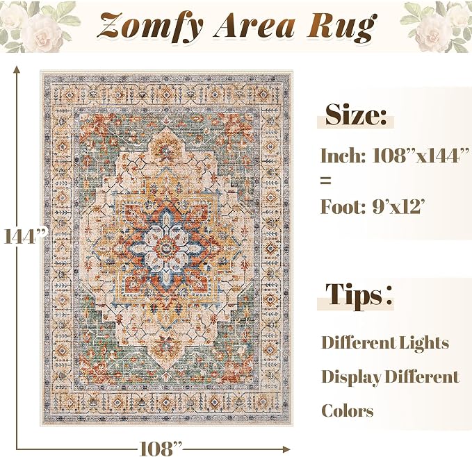 Area Rug 9x12 Vintage Rug: Large Washable Indoor Medallion Rugs Low Pile Distressed Floor Carpet Retro Accent Rug for Living Room Bedroom Kitchen Dining Table Home Office(Green/Yellow, 9'x12')