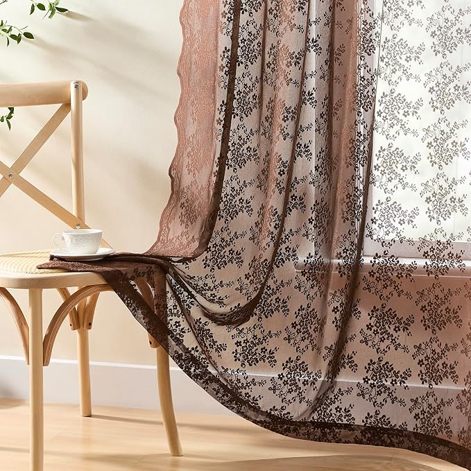 YJ YANJUN Vintage Lace Curtains 96 Inches Long-Victorian Floral Sheer Brown Curtain Panels for Living Room, Elegant Embroidered Style, Neutral Rustic Farmhouse & Cottagecor Décor 2 Panels W52 X L96