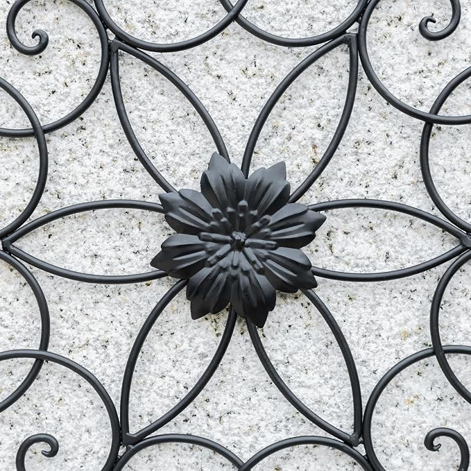 Glitzhome Black Metal Wall Art Decor, 23”H Floral Iron Wall Decor with Ornamental Scroll Design, Indoor Outdoor Wall Accent for Garden Porch Patio