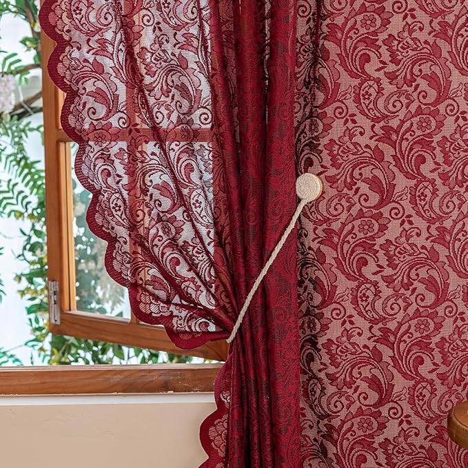 ALIGOGO Burgundy Sheer Curtains 54 Inch Length, 2 Panels, Vintage Floral Short Red Lace Cafe Curtains for Kitchen Bathroom Laundry Room, Light Flitering Farmhouse Decor, 52W x 54L Inch, Maroon