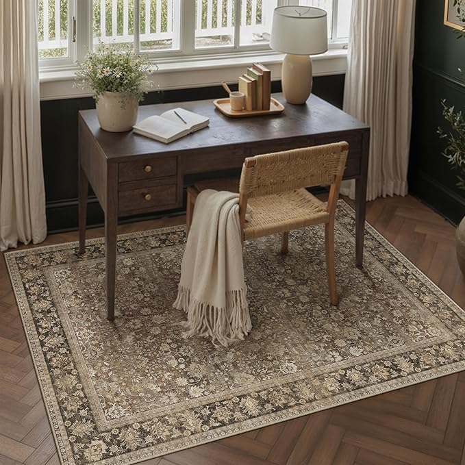 HUGEAR 5x7 Machine Washable Rugs Brown Hallway Area Rug Indoor Accent Rug Floral Low Pile Carpet Soft Throw Aesthetic Rug Bedroom Living Room Office Dining Room Kitchen Laundry Room Non Slip