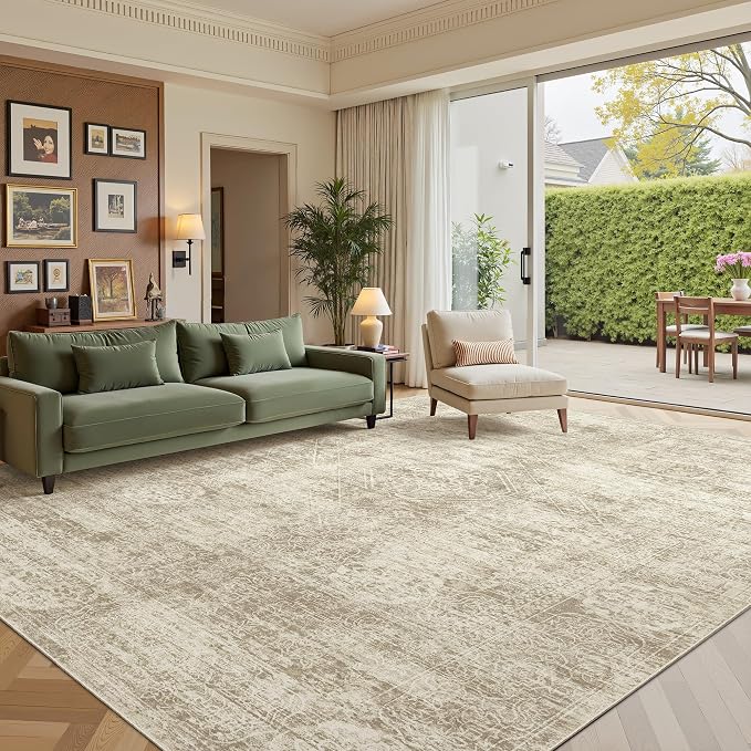 Madane 9x12 Area Rugs for Living Room, Soft Vintage Beige Area Rug with Non Slip Backing, Washable Non-Shedding Low Pile Large Print Floor Carpet for Home Office Decor