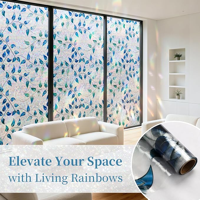 Finnez Window Privacy Film 3D Static Cling Window Film with Rainbow Effect, No Glue Heat Control & 99% UV Blocking for Home Office, Decorative Glass Cover 35.4" x 6.5'