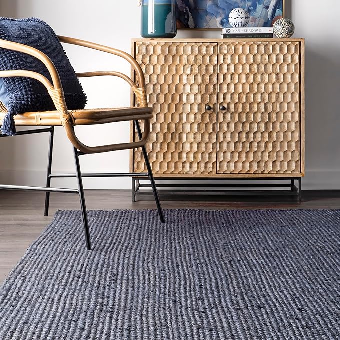 nuLOOM 10x14 Rigo Jute Hand Woven Area Rug, Navy, Solid Farmhouse Design, Natural Fiber, For Bedroom, Living Room, Dining Room, Hallway, Office, Kitchen, Entryway
