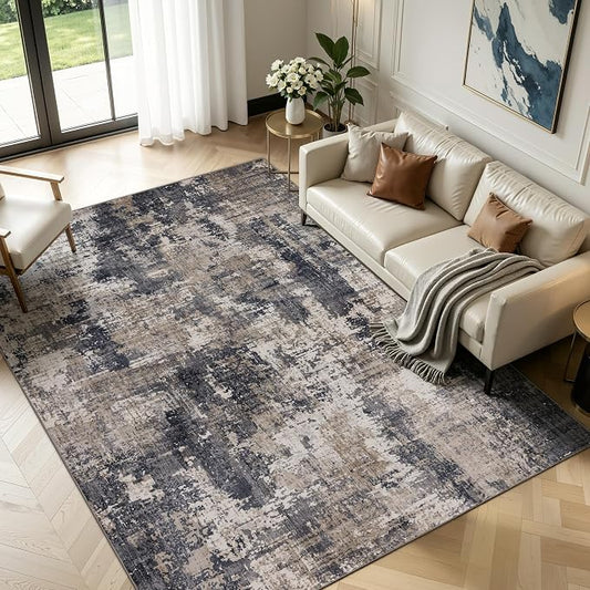 Sasttie 10x14 Soft Area Rug for Living Room, Modern Abstract Washable Large Carpet for Bedroom, with Non-Slip Backing, Black and Beige