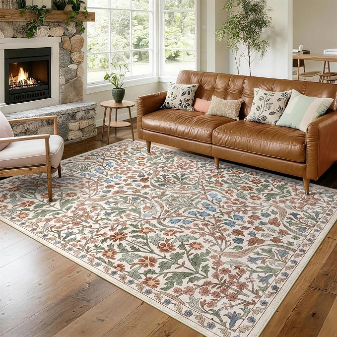 5x7 Washable Area Rug for Living Room, Floral Non-Slip Non-Shedding & Easy Care, Soft Low Pile Forest Boho Indoor Floor Carpet for Living Room, Bedroom, Farmhouse, Dining Room, Kids Playroom, Beige