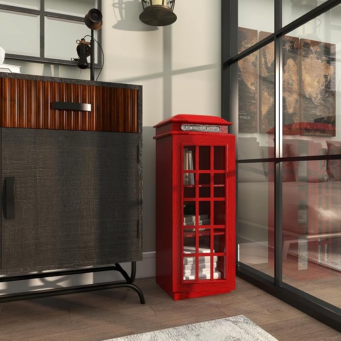 Deco 79 Wooden Vintage Telephone Booth Accent Cabinet, 11" x 9" x 30", Red | London telephone booth, storage cabinet, 3 shelves, red bookshelf