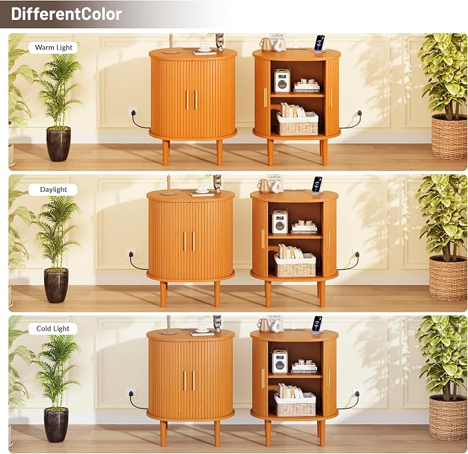 DHH Mid Century Modern Nightstand with Charging Station, Fluted Accent Side Table with Sliding Door & Adjustable Shelf, End Table for Small Space, Living Room, Bedroom,Sofa Couch(1, Yellow)