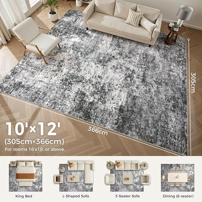 DMOYEST Area Rug Living Room Rugs - 10x12 Washable Large Soft Indoor Neutral Modern Abstract Low Pile Rug Carpet for Bedroom Dining Room Farmhouse Home Office - Grey