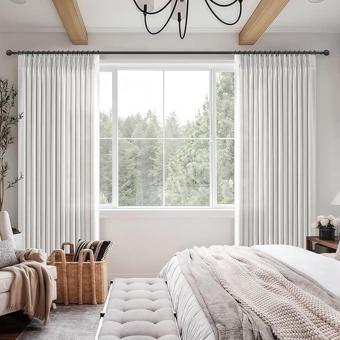 Memory Trained Pinch Pleat 60 Inch Wide Room Divider Curtains 102 Inches Long, Off White Light Filtering Linen Semi Sheer Country Window Curtain Energy Efficient Drapes 2 Panels Set with Hooks & Rings