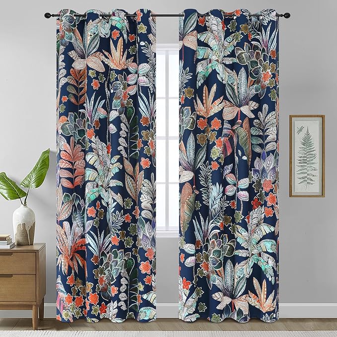 Estelar Textiler Leaves and Petals Pattern Design Room Darkening Blackout Curtains 108 Inch Long, Navy Blue Energy Saving Thermal Insulated Window Drapes for Living Room/Bedroom, 52x108 Inch, 2 Panels