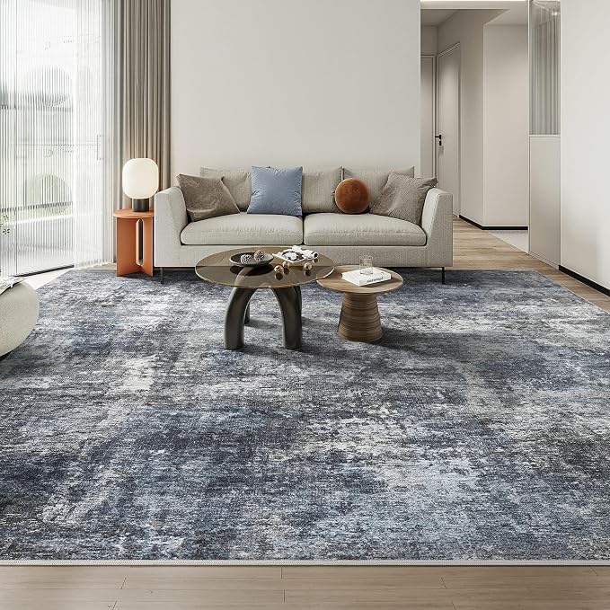Abstract 8x10 Area Rug: Machine Washable Non Slip Ultra Thin Low-Pile Carpet, Soft Stain Resistant for Living Dining Room Bedroom, Kid Pet Friendly, Robot Vacuum Compatible - Dark Grey/Blue