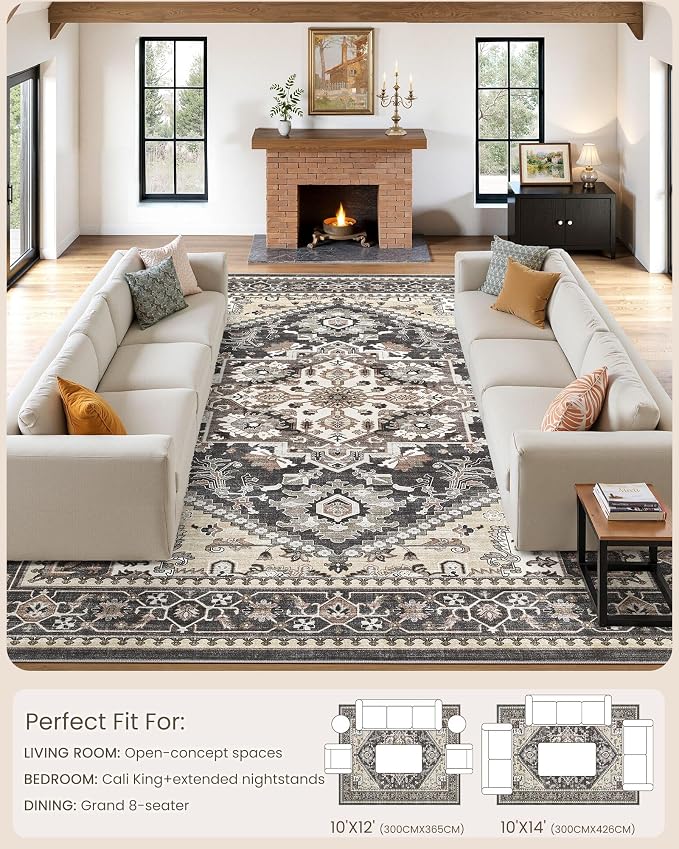 10x14 Vintage Area Rug: Washable Neutral Soft Non Slip Thin Large Floor Carpet for Living Room Bedroom Kitchen Dining Room Home Office Farmhouse Indoor - Black