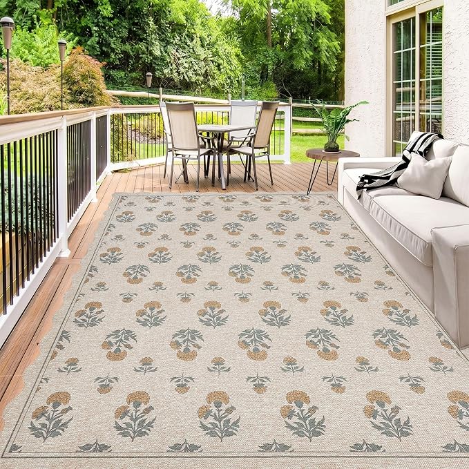 ORTIGIA Scalloped Easy Jute 8x10 Area Rug Vintage Yellow Floral Farmhouse Washable Rug Non-Slip Indoor Outdoor Carpet for Living Room Bedroom Patio Entryway