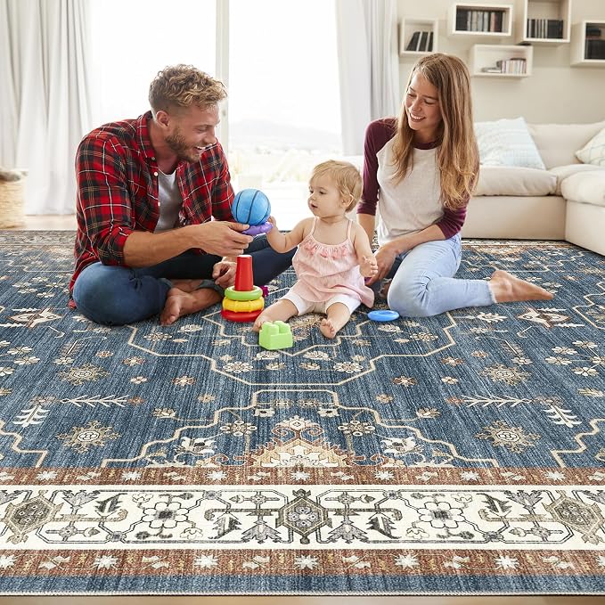 6x9 Area Rug for Living Room- Machine Washable Soft Oriental Vintage Large Indoor Floor Carpet for Bedroom Under Dining Table Home Office Decor - Dark Blue