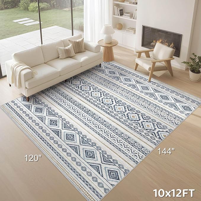 cotiled 10x12 Area Rugs Living Room Rug: Washable Boho Rugs with Non Slip Backing Large Soft Indoor Stain Resistant Carpet for Bedroom Farmhouse Dining Room Lightweight Home Decor Blue