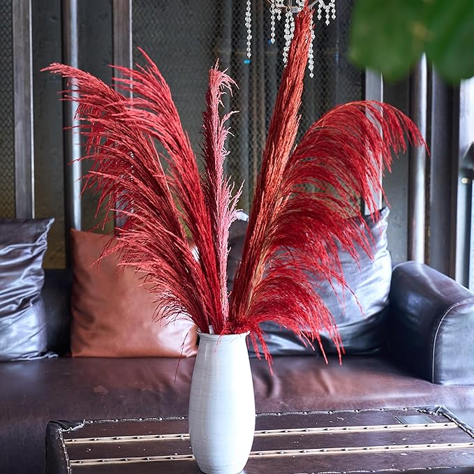Red Pampas Grass Decor Tall for Floor Vase,Long Dried Pampas Grass, Large Pompas Floral, Elegant Feather Flowers for Wedding Decorations, Living Room Decor (Natural Red, 4pcs 43.3"(110cm))