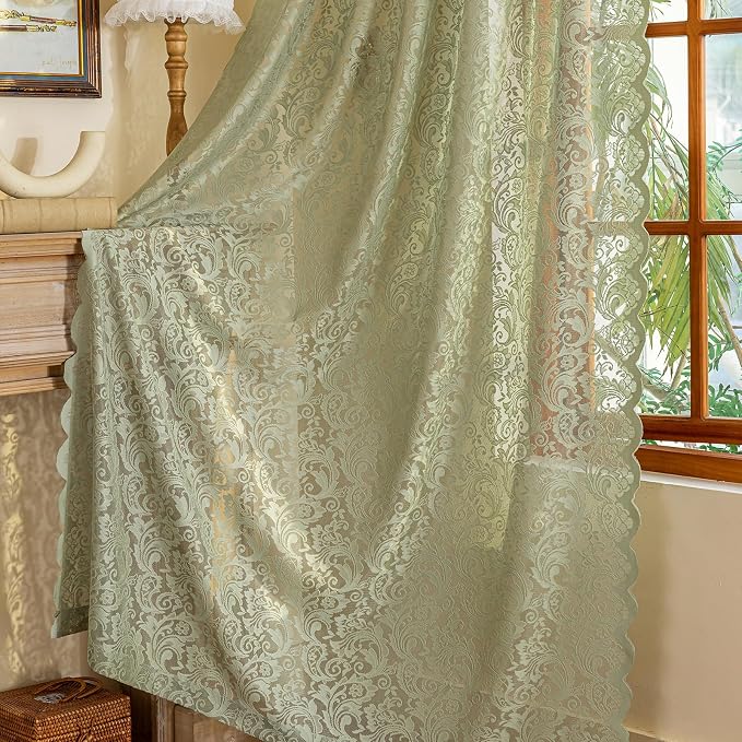 ALIGOGO Sage Green Lace Curtains 96 Inches Long - Country Rustic Floral Lace Sheer Curtains 2 Panels Set for Living Room, Privacy Scalloped Window Drapes, 52 x 96 Inch, Sage Green