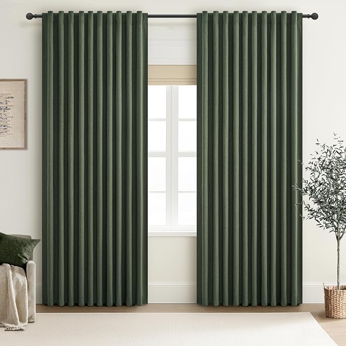 Dark Olive Green Curtains 60 Inch Length Extra Wide Pleated Black Out 90 Inch Long for Living Room, Linen Thick Sliding Glass Door Heavy Duty Insulated Large Window Drapes (60"Wx90"Lx 2Panels Loden)