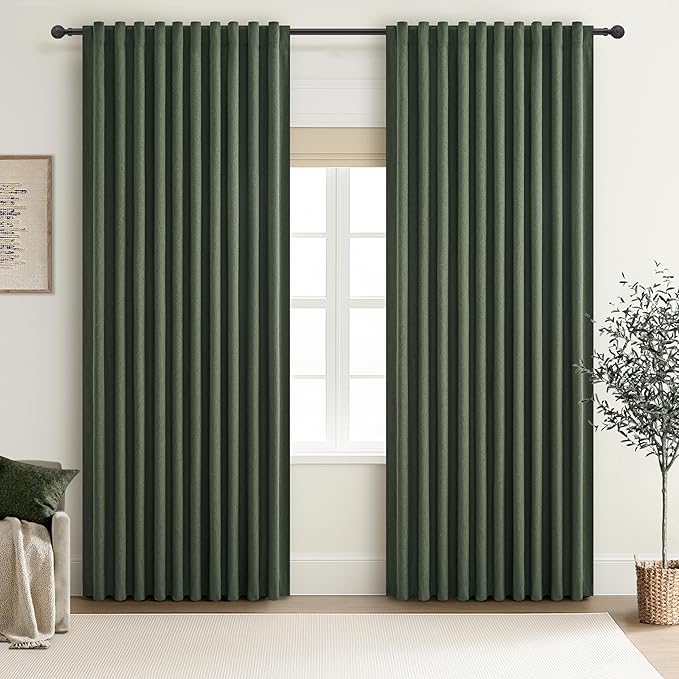 Dark Olive Green Curtains 70 Inch Length Extra Wide Pleated Black Out 90 Inch Long for Living Room, Linen Thick Sliding Glass Door Heavy Duty Insulated Large Window Drapes (70"Wx90"Lx 2Panels Loden)