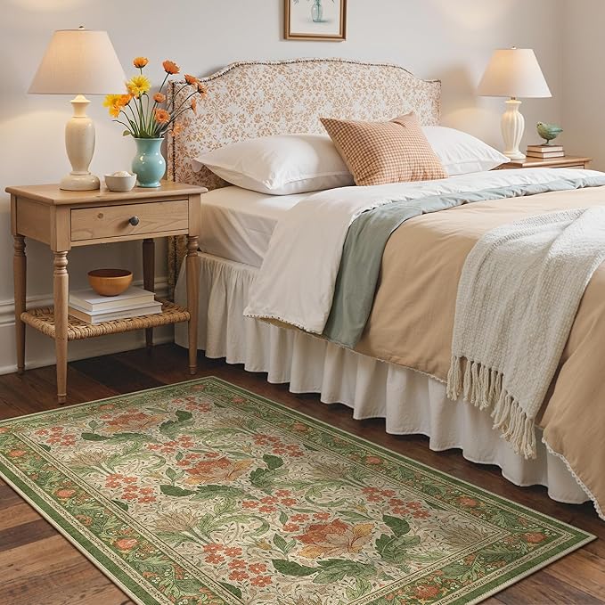 Bavni 4x6 Area Rugs, Floral Machine Washable Rugs for Living Room, Dinning Room, Bedroom, Non Slip Aesthetic Vintage Low Pile Durable Lightweight Farmhouse Rug, Sage Green & Burnt Orange